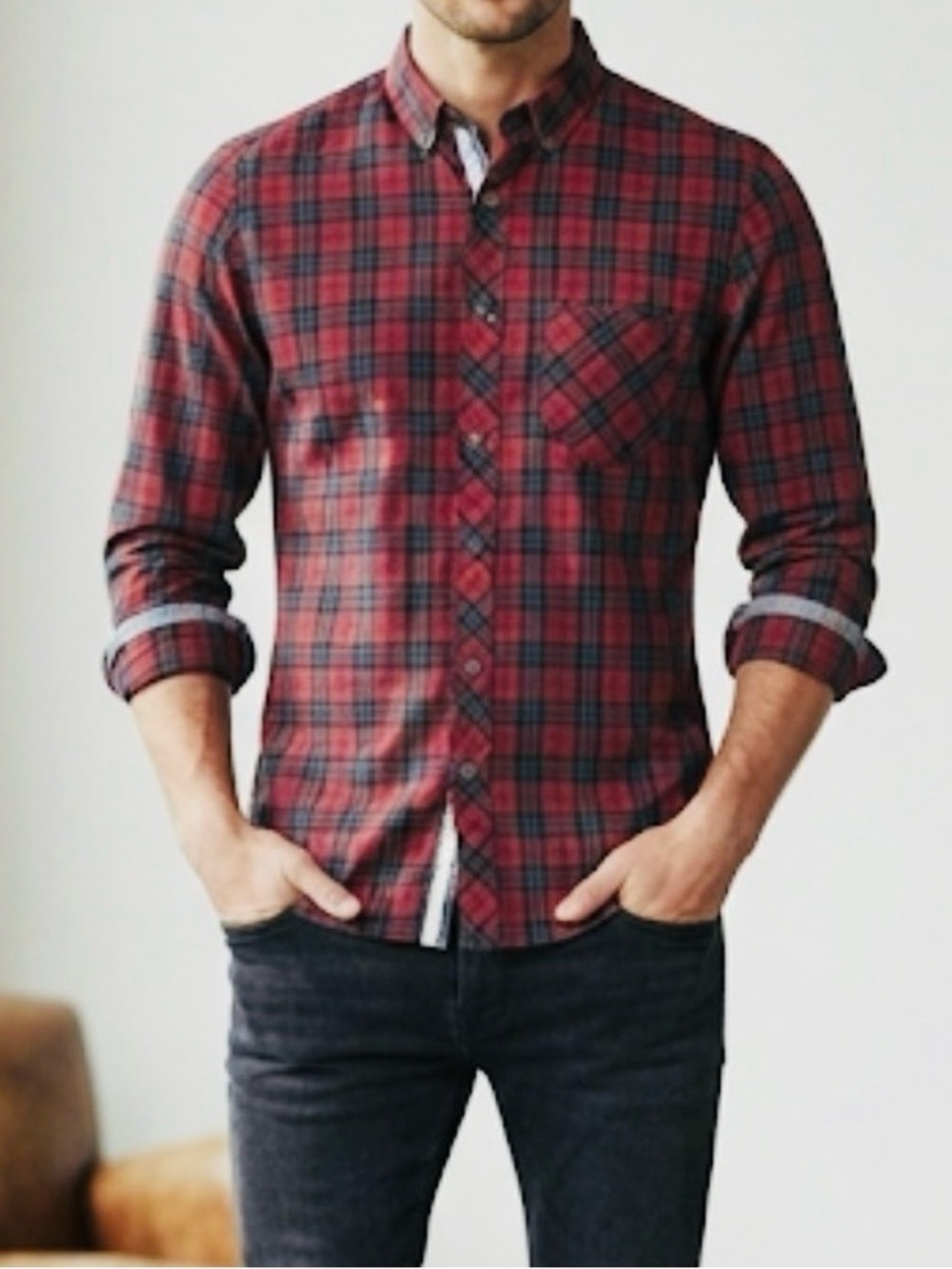 BEN SHERMAN | PLECTRUM Plaid Button Down Shirt Red XS